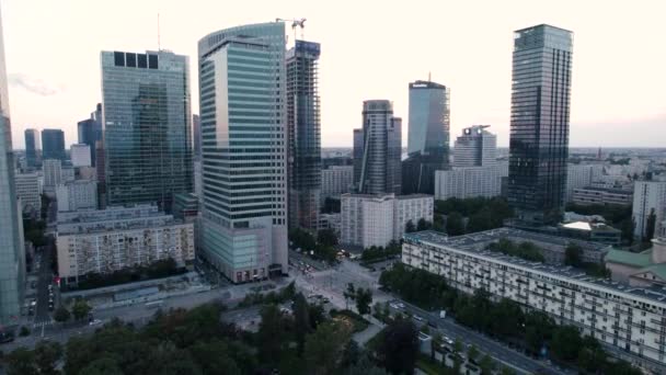 Aerial Ascending Shot Modern City Downtown Sunset — Stock Video