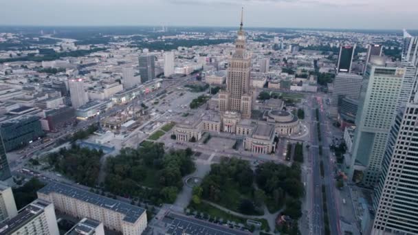 Повітряне Встановлення Знімків Центрі Варшави Палацом Культури Науки — стокове відео