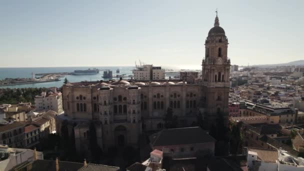 スペインを背景に港を持つマラガ大聖堂 後方空中 — ストック動画
