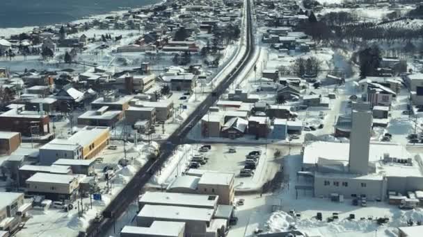 北海道Okhotsk县Omu的空中飞越雪城 多利前进 — 图库视频影像