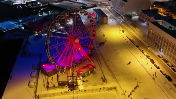 Aerial View Front Red Illuminated Skywheel Revealing Market Square Helsinki — Stock Video