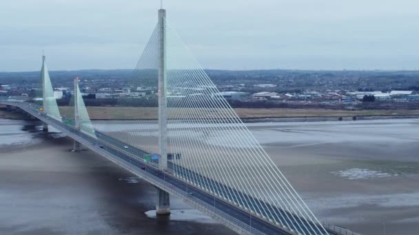 Widok Lotu Ptaka Mersey Gateway Kabel Pozostał Płatny Most Ruchu — Wideo stockowe