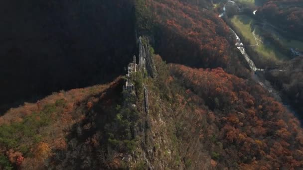 Seneca Rocks West Virginia Usa Flygfoto Över Brant Klippbildning Soliga — Stockvideo