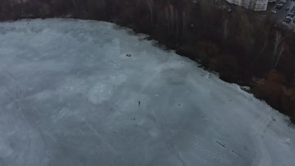 Drone Shot Fisherman Fishing Ice Lake — Stock Video