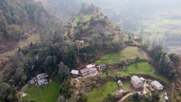 Aerial View Houses Scattered Hillsides Mountains Nepal Terraced Fields — Stock Video