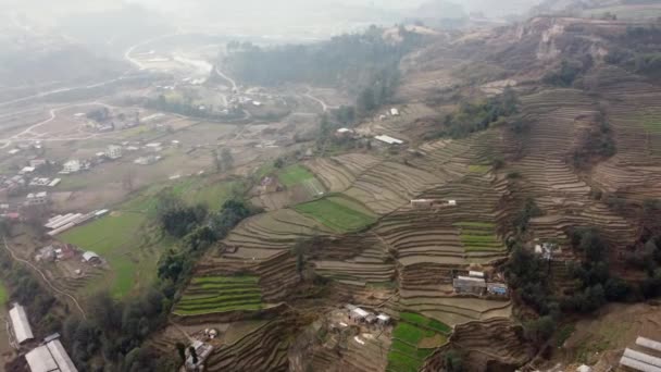 Flygfoto Över Terrasserade Sluttningar Vid Foten Nepal — Stockvideo