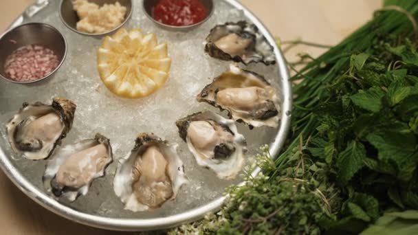 Zes Vers Gegooide Oesters Fijne Eetkeuken Slow Motion 30P — Stockvideo