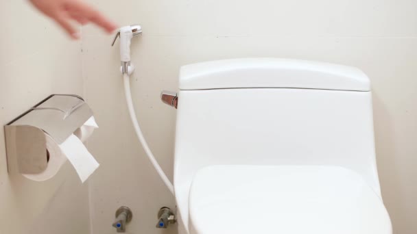 Een Vrouw Spoelt Het Toilet Door Gebruik Reinheid Hygiëne Handhaven — Stockvideo