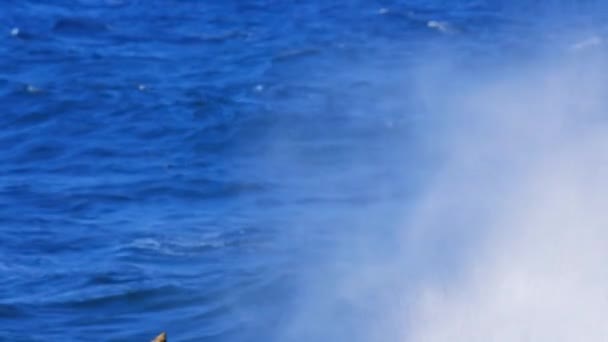 Powerful Ocean Waves Crashing Rocky Shoreline Spraying Air Static Close — Stock Video