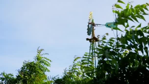 Verouderde Verroeste Windmolen Draaiend Wind Laaghoekige Opname Met Bomen Voorgrond — Stockvideo