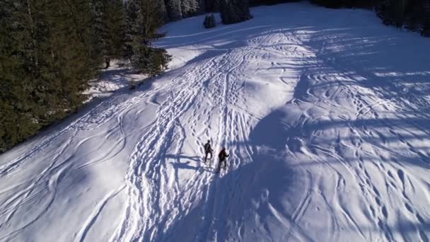 Slow Drone Orbit Active People Couple Hike Snow Mountain Slope — ストック動画