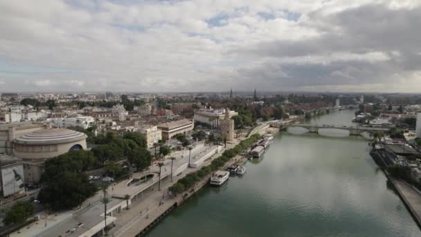 Voo Drone Sobre Rio Guadalquivir Passando Pela Torre Vigia Torre — Vídeo de Stock