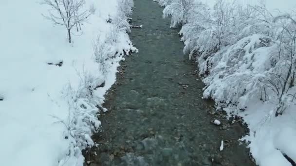 Vue Aérienne Ruisseau Montagne Couvert Neige — Video