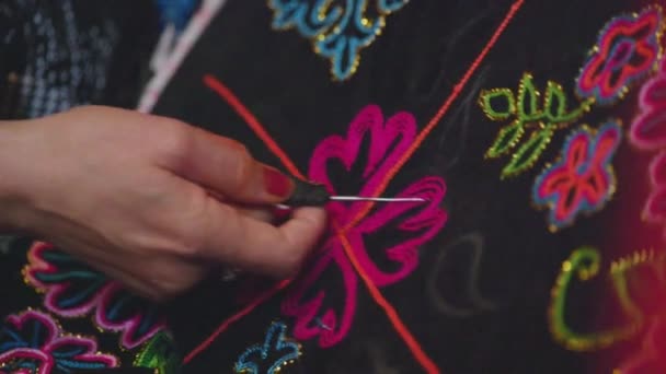 Zbliżenie Dłoni Rzemieślnika Szycie Haftu Kwiat Tkaninie — Wideo stockowe