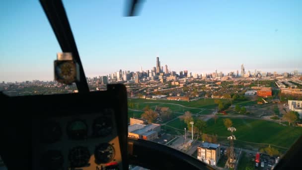 First Person View City Skyline Flying Helicopter Cockpit Point View — Stock Video