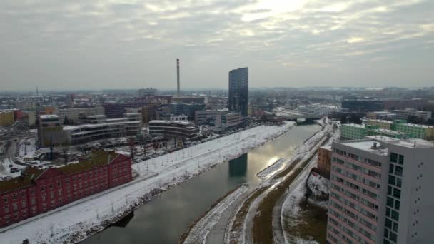 Hoge Hoek Uitzicht Olomouc Bij Rivier Als Zon Opkomt — Stockvideo