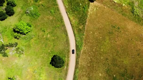 Aerial Birds Eye View Black Car Viajando Largo Small Country — Vídeos de Stock
