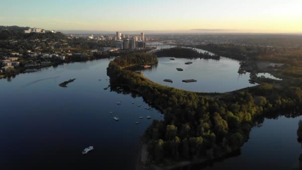 Hoog Boven Willamette River Bij Sunrise Portland Oregon Stad Achtergrond — Stockvideo