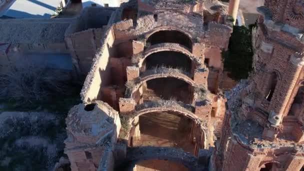 Aerial View Church Bombed Destroyed Spanish Civil War Belchite Zaragoza — Stock Video