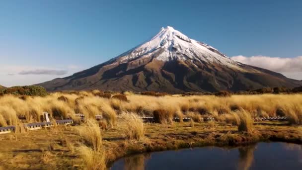 Vulkan Taranaki Neuseeland Luftziehen Über Reflexionsteppich Schöne Landschaft — Stockvideo