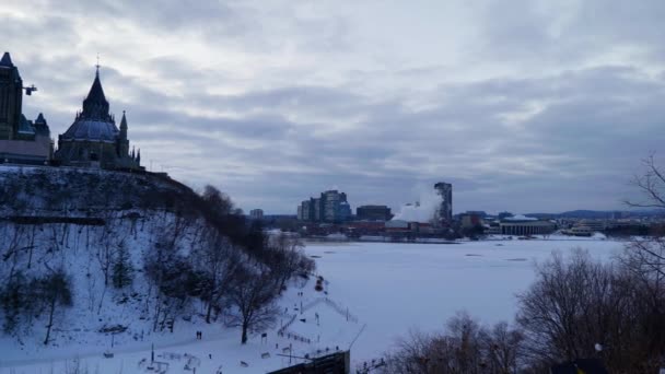 Пейзаж Кинематографический Городской Снимок Оттавы Канада Закате Зимой — стоковое видео