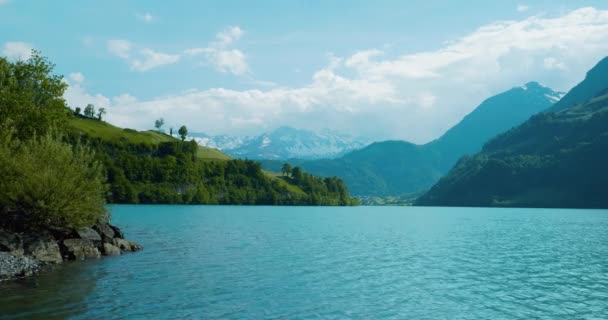 ブリエンツの湖の絵のような景色ヨーロッパの遠くに曇った山々と海岸に向かって穏やかな水の波紋として正午にスイス 広い眺め — ストック動画
