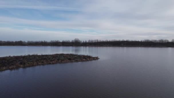 Aerial View Beautiful Lake Nature Reserve Denmark Truck Shot Panning — стоковое видео