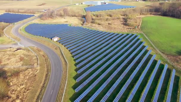 Drone Flies Huge Photovoltaic Open Space Installation Consisting Many Solar — Stock Video