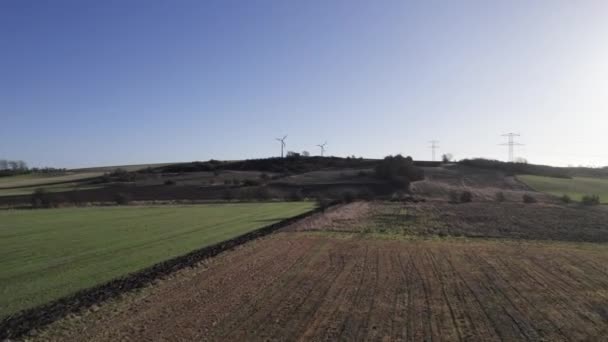 Windmühlen Auf Dem Feld Zur Erzeugung Von Windenergie Landwirtschaftlichem Feld — Stockvideo