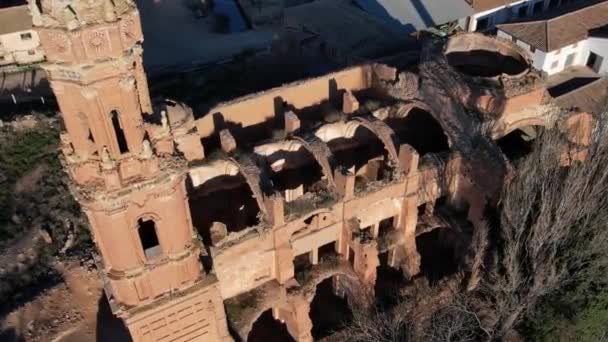 Aerial View Church Destroyed Spanish Civil War Abandoned City Belchite — Stock Video