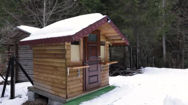 Casa Madeira Rústica Floresta Neve Durante Inverno Fechar — Vídeo de Stock