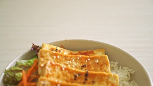 Tigela Arroz Teriyaki Tofu Estilo Comida Vegan Vegetariana — Vídeo de Stock