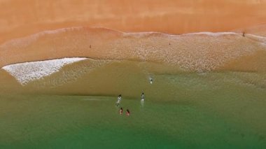 İnsanlar altın plajlı berrak sularda sörf yapıyor.