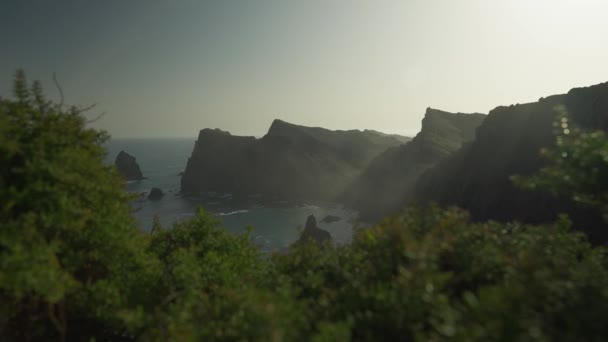 明るい朝の日差しと火山の風景のギザギザの崖の明らかに 前景に地上の植生 — ストック動画