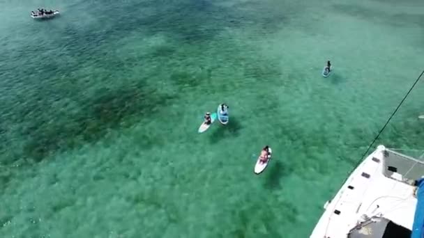 Aerial Tourists Riding Paddle Surf Boca Chica Beach District Dominican — Stock Video