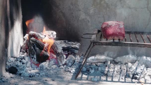 Churrasco Argentino Feito Brasas Madeira Tradicional Asado Fechar — Vídeo de Stock