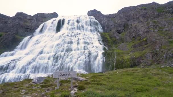 Dynjandi Skylt Med Vattenfall Bakgrunden Fjallfoss Island Brett Skott — Stockvideo