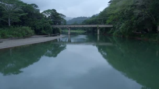 Dolly Aéreo Río Baru Tranquilo Puente Con Vehículos Entre Selva — Vídeos de Stock