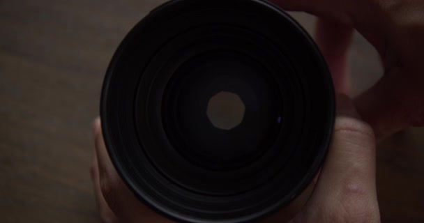 Male Hand Opening Closing Aperture Diaphragm Blades Removed Lens — Stock Video