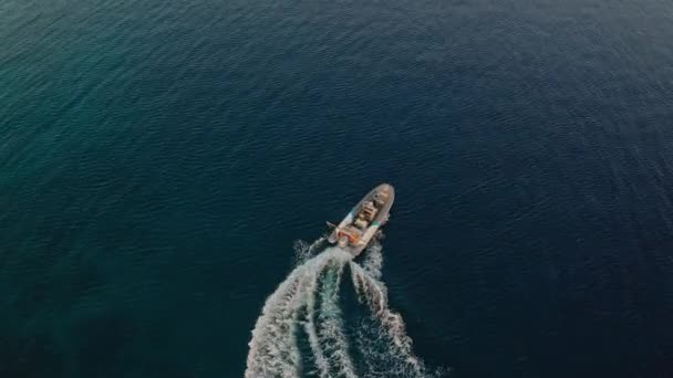 Aerial Drone Shot Speed Boat Drifting Ocean — Stock Video