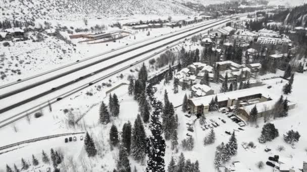Aerial Drone Footage Flying Snow Covered Vail Colorado Usa Cold — Stock Video