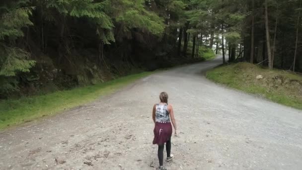 Aerial Flyover Sportowa Kobieta Chodząca Zielonych Lasów Góry Wicklow Irlandia — Wideo stockowe