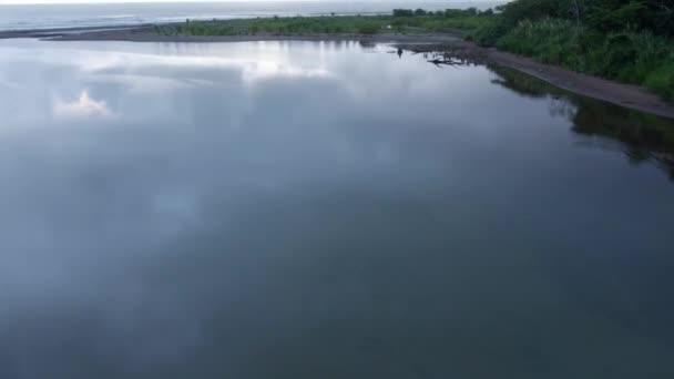 Luftdukke Baru Floden Munden Nær Havet Kysten Dækket Vegetation Overskyet – Stock-video