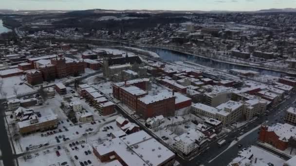 Luftaufnahme Der Stadt Sherbrooke Schnee Kanada Drohne Abgeschossen — Stockvideo