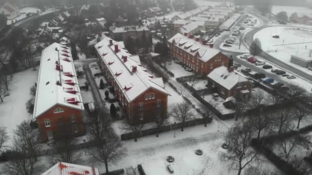 Aerial View Brick Buildings Housing Area Garden Snowy Winter Day — Stock Video