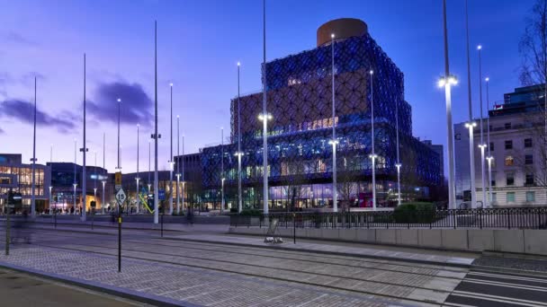 Birmingham Cidade Noite Timelapse Vista Praça Centenário Nova Biblioteca — Vídeo de Stock