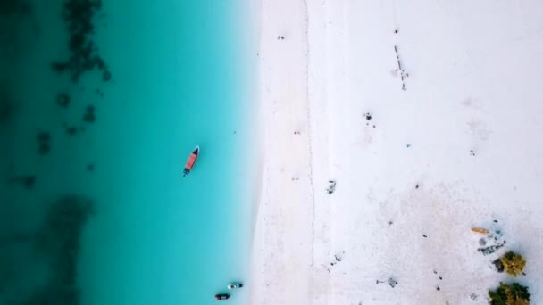 平稳的空中飞行 鸟瞰着头顶无人驾驶飞机在白色的沙滩上 蓝色的海浪和人 天堂梦想海滩桑给巴尔 非洲坦桑尼亚2019年 电影野生动物1080 60P由菲利普 马尔尼茨创作 — 图库视频影像