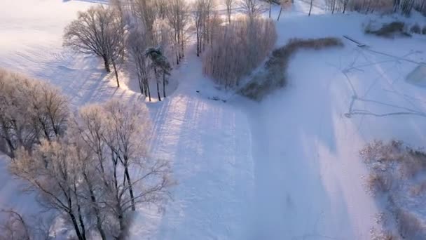 Apró Vidéki Épület Táj Hóval Borított Fák Bokrok Légi Drón — Stock videók