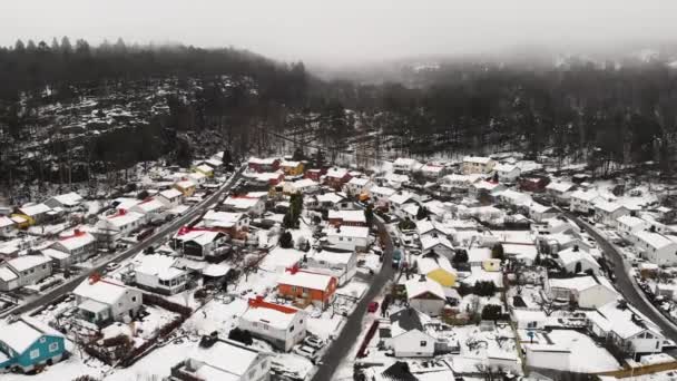 冬季被雪覆盖的典型房屋的住宅近郊 背景中的雾气笼罩了树木 空中后撤 — 图库视频影像