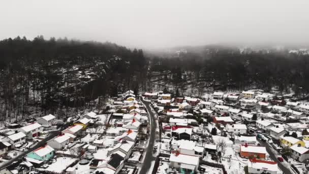 冬を背景に朝の霧が立ち込める伝統的な郊外の雪に覆われた家 横に空中ドローン — ストック動画